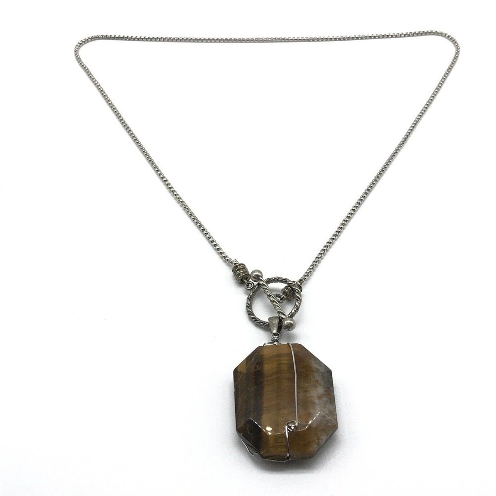 Vintage 925 Sterling Silver Chunky Huge Tiger's Eye Pendant Toggle Necklace
